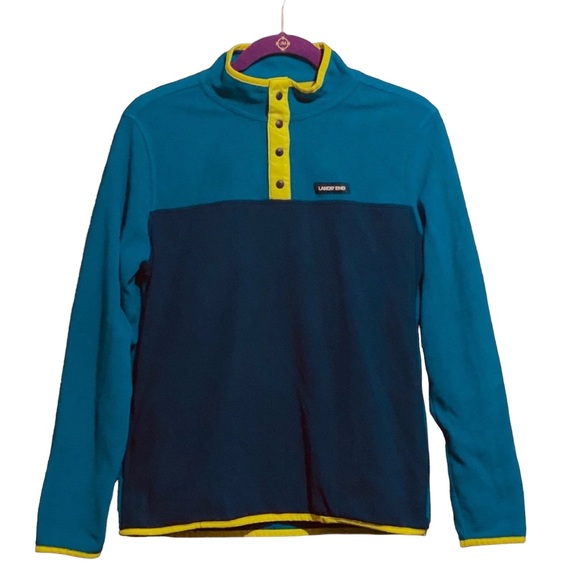 Lands' End Heritage Colorblock Navy Teal Snap Neck Pullover Fleece Top Size XL - Picture 1 of 7